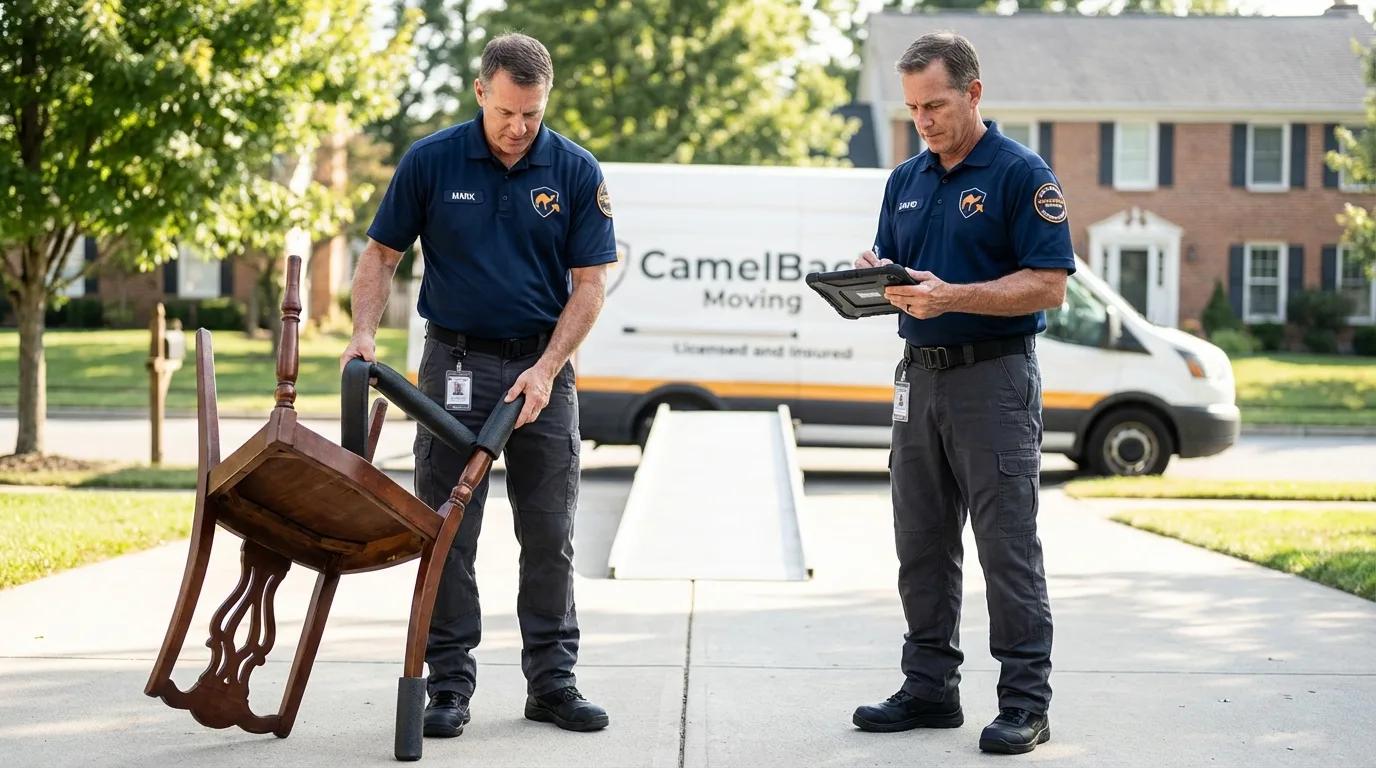 Movers inspecting furniture for damage prevention before loading in Connellsville, PA