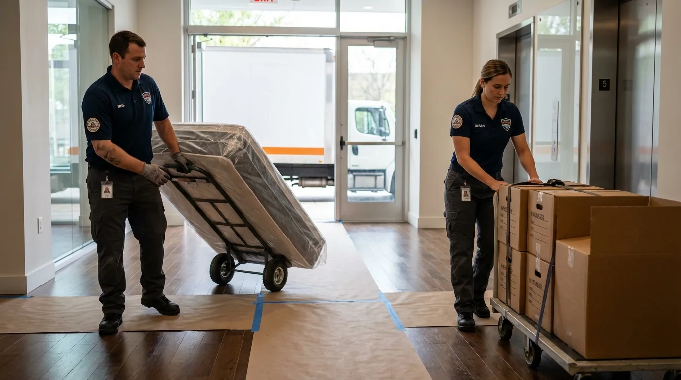 Professional apartment movers loading elevator in Connellsville, PA