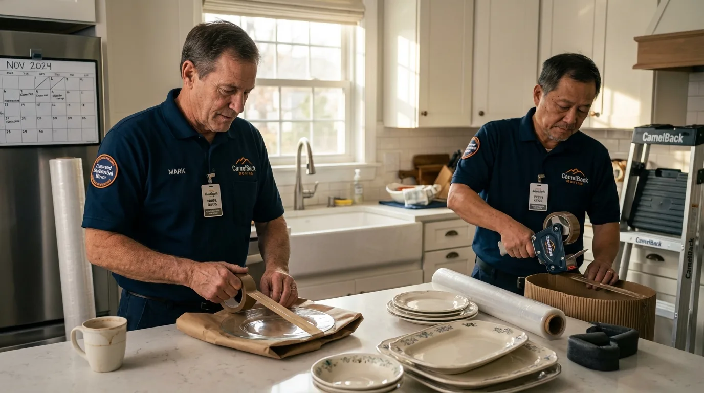 Professional crew packing kitchen dishware in Connellsville, PA